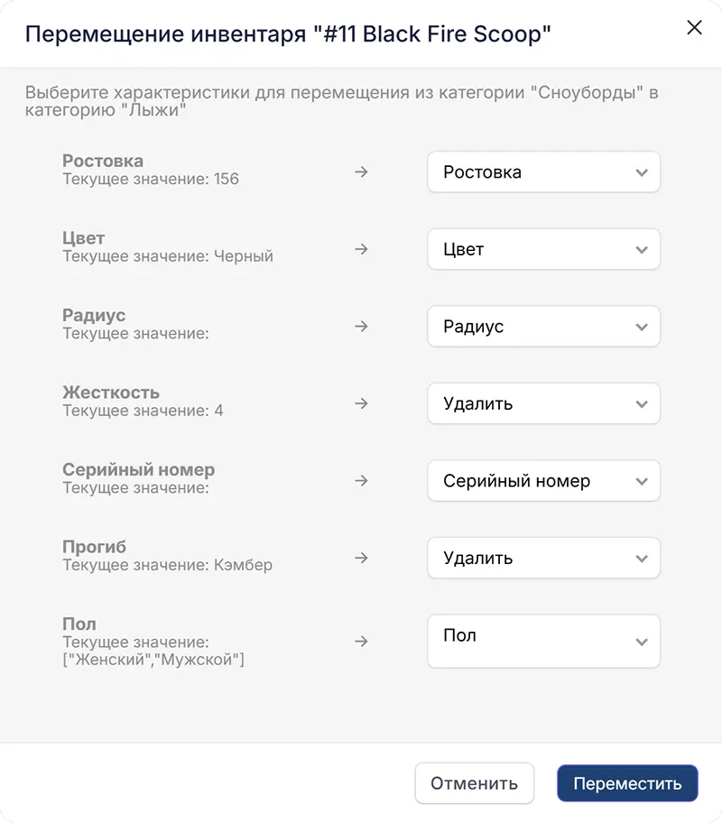 Перемещение инвентаря между категориями и точками проката Перемещение инвентаря между категориями и точками проката