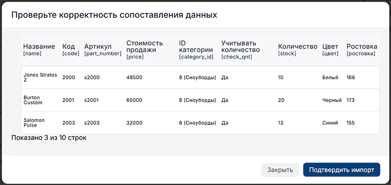Импорт товаров магазина