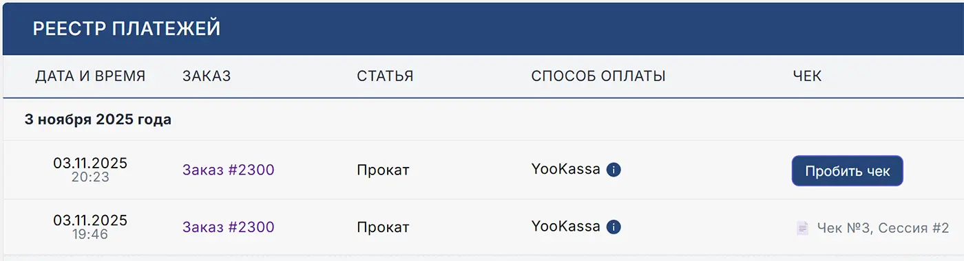 Пробитие чека в реестре платежей