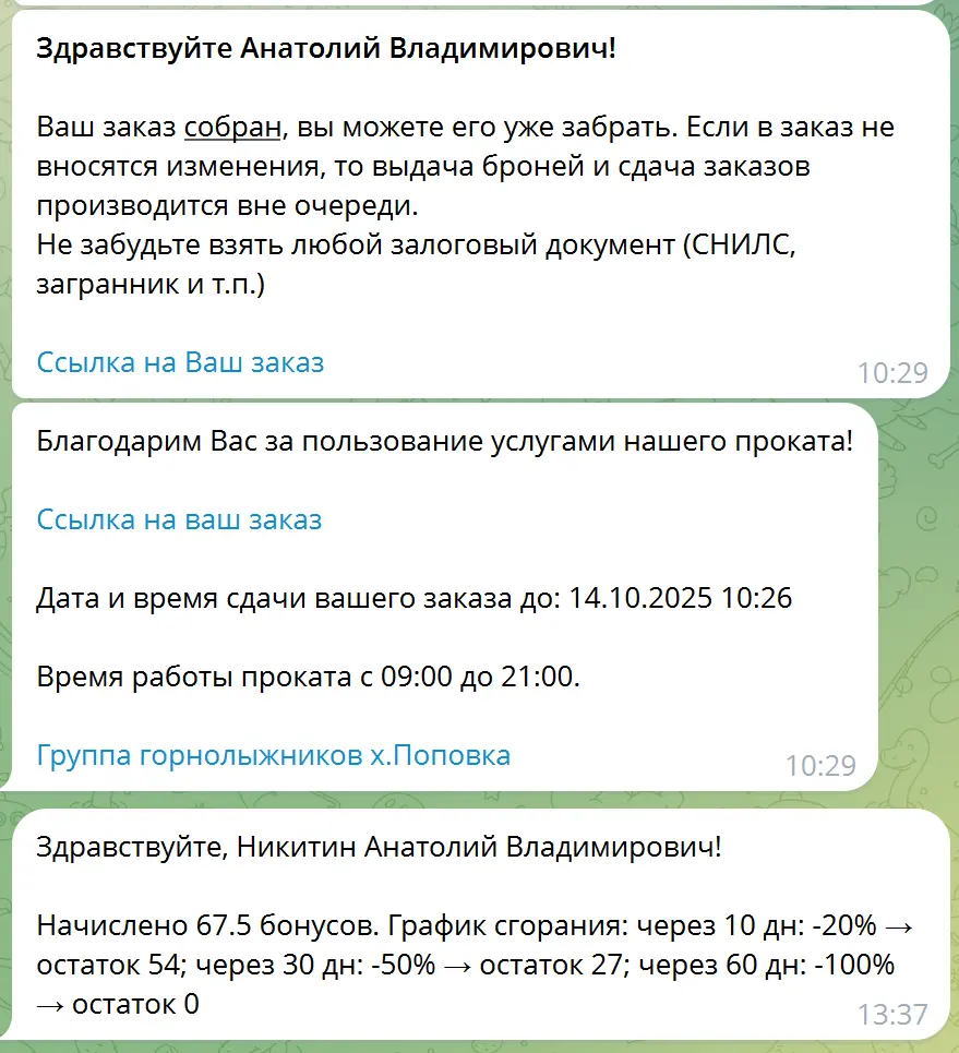 Пример автоматических уведомлений в Telegram